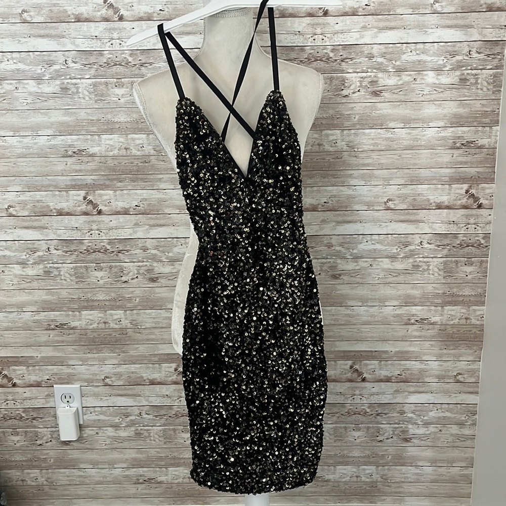 Black and gold sequin midi dress